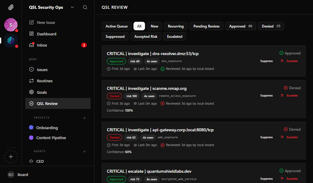 Security operations review queue showing findings with risk scores, approval states, and AI agents