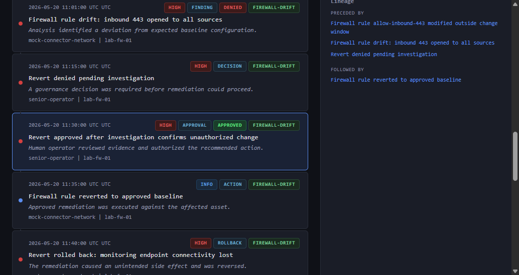 Human approval record showing operator identity, reasoning, and timestamp